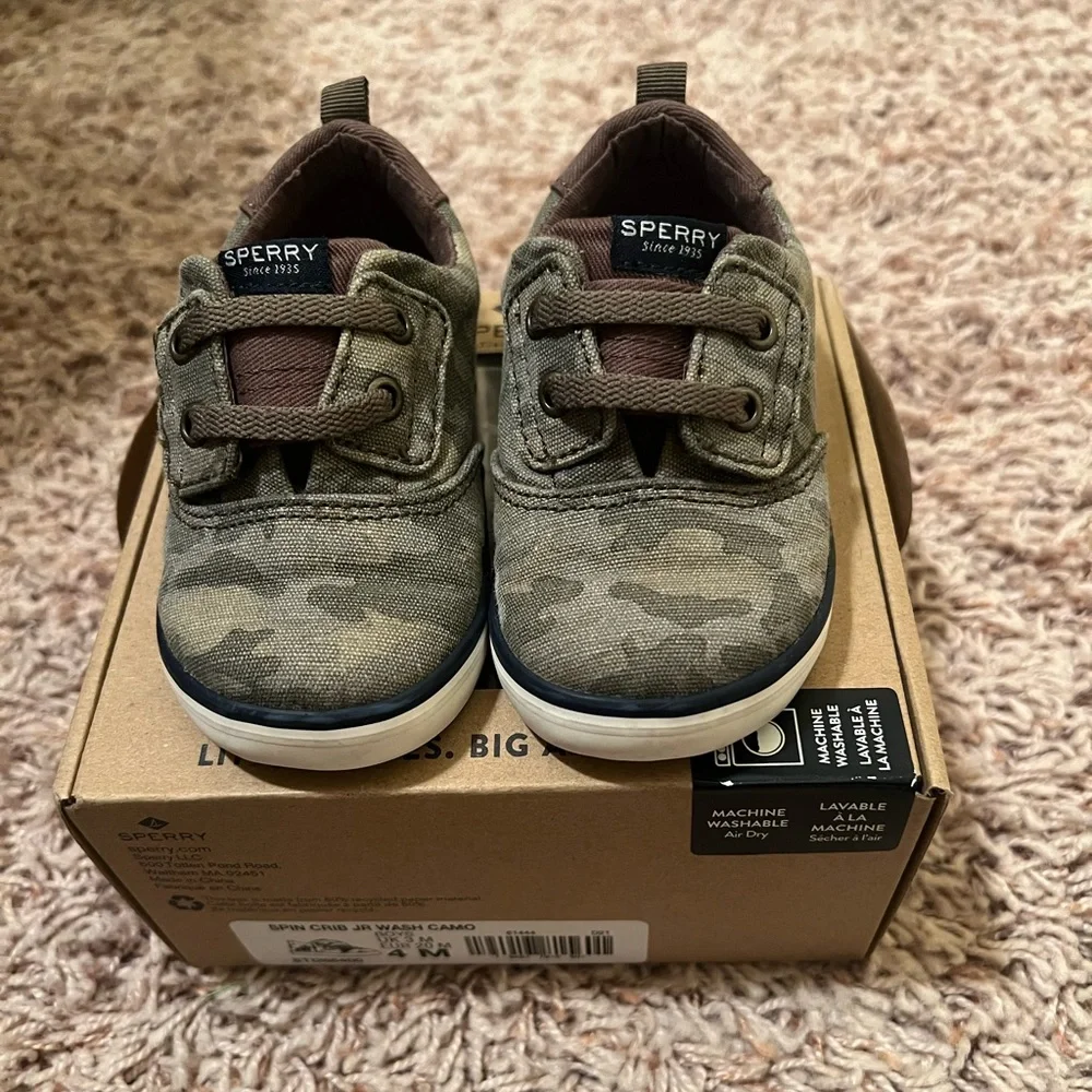 Sperry Toddler Camo Canvas Slip-On Shoes - Olive Green & Brown